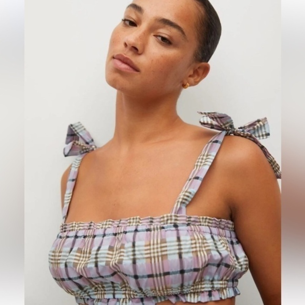 Mango Plaid Coquette Cottage Romance Cropped Summer Top Size L